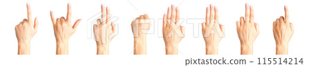 Set of woman hands showing different gestures, pointing and showing signs 115514214