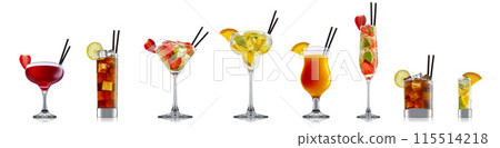 Set of cocktails with decoration from fruits isolated on white background Set of cocktails with decoration from fruits isolated on white background 115514218