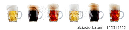 Set of beer cocktails with foam isolated on white background Set of beer cocktails with foam isolated on white background 115514222