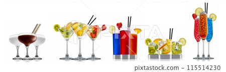 Set of cocktails with decoration from fruits isolated on white background 115514230