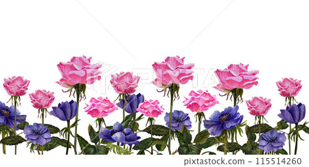 Beautiful banner of pink roses end anemones flowers and leaves 115514260