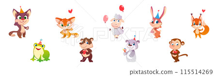 Cute Animals Greeting with Birthday in Cone Hat Vector Set Cute Animals Greeting with Birthday in Cone Hat Vector Set 115514269
