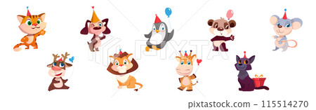 Cute Animals Greeting with Birthday in Cone Hat Vector Set 115514270