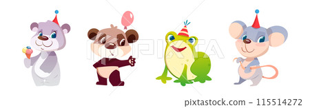 Cute Animals Greeting with Birthday in Cone Hat Vector Set 115514272