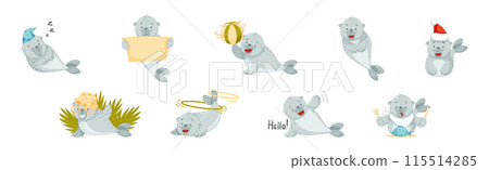 Cute Baby Seal Character with Flipper Vector Set Cute Baby Seal Character with Flipper Vector Set 115514285