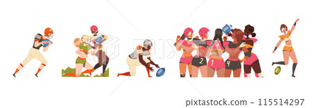 Man and Woman Rugby Player Playing American Football Game Running with Oval Ball Vector Set Man and Woman Rugby Player Playing American Football Game Running with Oval Ball Vector Set 115514297