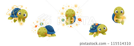 Funny Turtle Character Explore Outer Space Vector Set 115514310