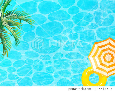 A stylish summer frame background material with a yellow swim ring and palm leaves floating in a beautiful sea seen from above 115514327