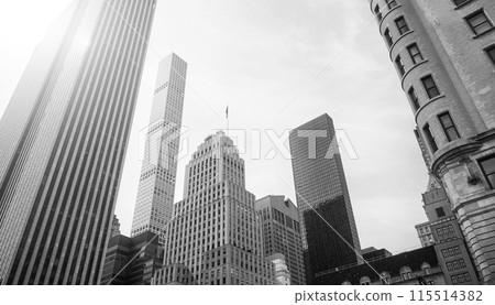 Looking up at New York City skyscrapers against the sun, USA. 115514382