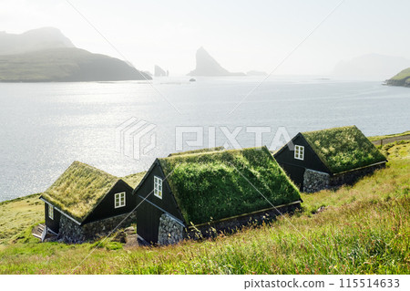 Traditional faroese grass-covered cottages in the village Bour Traditional faroese grass-covered cottages in the village Bour 115514633