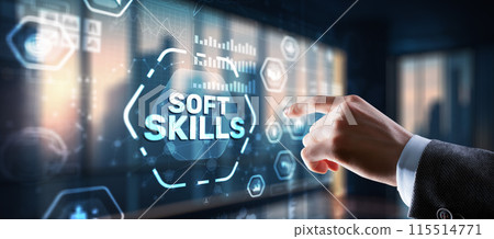 Businessman presses a button Soft Skill Business Development concept 115514771