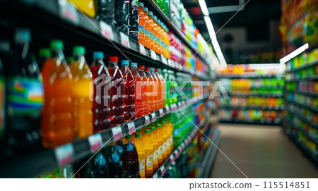 Colorful Shelves in a Supermarket 115514851