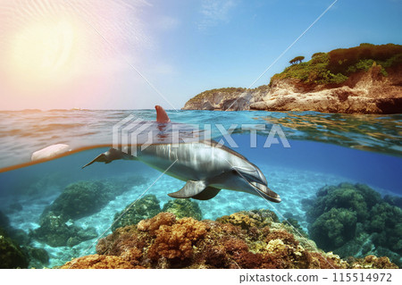 Dolphin. Dolphin under the water of the sea and the ocean. World Dolphin day. 23 July. A Baby Humpback Dolphin Plays. Bottlenose Dolphin, tursiops truncatus, Adult Leaping. Dolphin. Dolphin under the water of the sea and the ocean. World Dolphin day. 23 July. A Baby Humpback Dolphin Plays. Bottlenose Dolphin, tursiops truncatus, Adult Leaping. 115514972