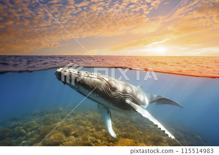 Whale. Whale under the water of the sea and the ocean. World whale day. 23 July. A Baby Humpback Whale Plays Near the Surface in Blue Water. Humpback Whale Whale. Whale under the water of the sea and the ocean. World whale day. 23 July. A Baby Humpback Whale Plays Near the Surface in Blue Water. Humpback Whale 115514983