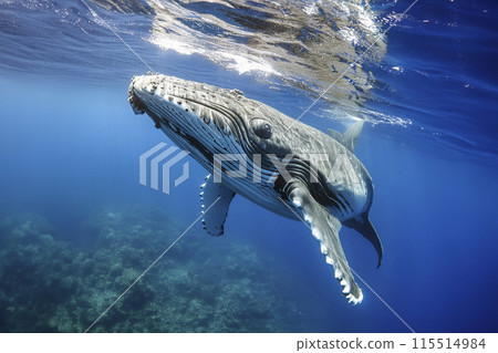 Whale. Whale under the water of the sea and the ocean. World whale day. 23 July. A Baby Humpback Whale Plays Near the Surface in Blue Water. Humpback Whale 115514984