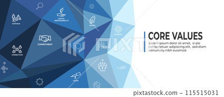 Core Values Web Header Banner with Integrity Mission and Vision Icons 115515031