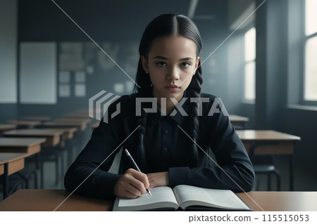 AI generated portrait of young girl with braidsis sitting at school desk in a dimly lit classroom, writing in a notebook with a serious expression 115515053