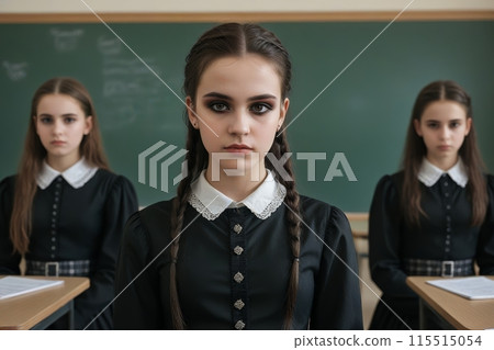 AI generated image of three girls in school uniforms sitting in a classroom with a serious expression, capturing a focused and academic atmosphere 115515054
