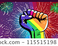 LGBT. 2024. LGTB. Lgbt flag, gay, lesbian, lgbtq flag. Gay pride symbol. Lgbt fist in rainbow colors on background. Symbol of mutual support. Heart rainbow. Men and women with the flag. 115515198