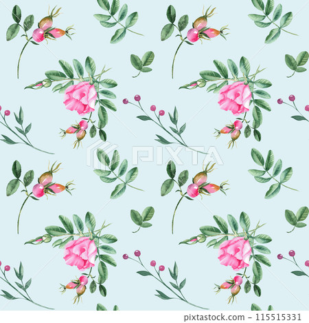 Dog rose Floral Watercolor seamless pattern on blue background. Hand drawn botanical illustration. Rose hip flowers, buds, branches and berries. Can be used for fabric, textile, packaging prints Dog rose Floral Watercolor seamless pattern on blue background. Hand drawn botanical illustration. Rose hip flowers, buds, branches and berries. Can be used for fabric, textile, packaging prints 115515331