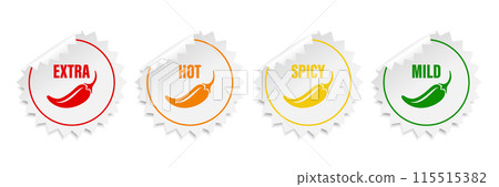 Realistic Vector Round Stickers with Spicy Chili Pepper Icon, Food Spicy Level. Red, Orange, Yellow, Green Jalapeno Pepper Strength Scale Sticker Indicators with Mild, Spicy, Hot and Extra Positions Realistic Vector Round Stickers with Spicy Chili Pepper Icon, Food Spicy Level. Red, Orange, Yellow, Green Jalapeno Pepper Strength Scale Sticker Indicators with Mild, Spicy, Hot and Extra Positions 115515382
