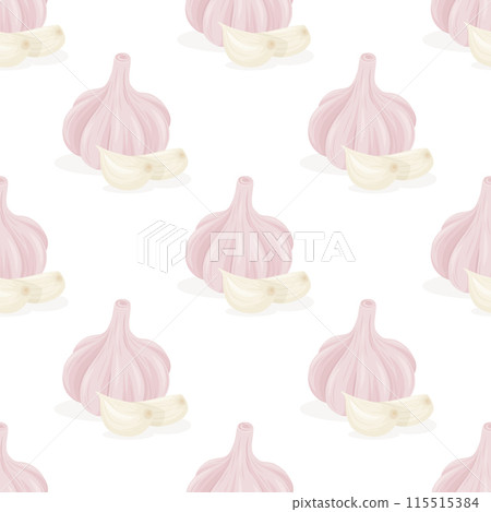 Vector Seamless Pattern with Hand Drawn Garlic Bulb, Cloves Closeup on White Background. Vegetable Illustration. Whole Garlic Head and Peeled Garlic Cloves in Flat Style. Seasoning Spice, Food Print 115515384