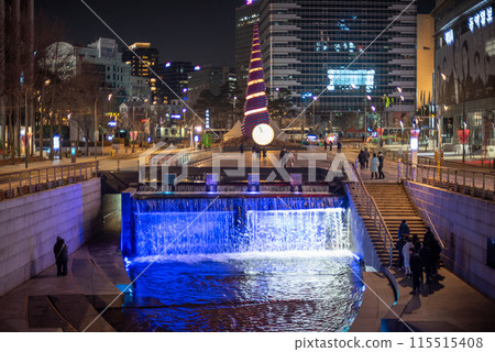 Night view of Cheonggyecheon Stream in downtown Seoul, capital of South Korea Night view of Cheonggyecheon Stream in downtown Seoul, capital of South Korea 115515408