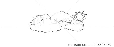 Continuous single line editable illustration of bright sun with clouds. Sunny summer weather one line design . Vector illustration 115515460