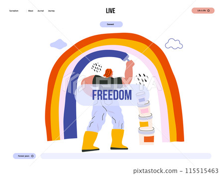 Life Unframed: Rainbow artist -modern flat vector concept illustration of a man drawing a rainbow. Metaphor of unpredictability, imagination, whimsy, cycle of existence, play, growth and discovery 115515463