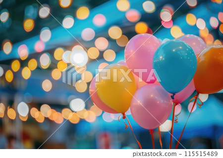 Colorful Birthday Balloons at a Festive Party with Sparkling Bokeh Lights in the Background. High quality photo 115515489