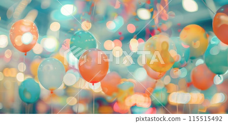 Colorful Celebration: Vibrant Birthday Balloons Floating in Festive Atmosphere with Soft Lights. High quality photo Colorful Celebration: Vibrant Birthday Balloons Floating in Festive Atmosphere with Soft Lights. High quality photo 115515492