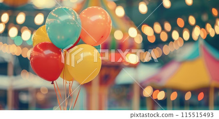 Colorful Birthday Balloons at a Festive Carnival with Bright Lights and Tents in the Background. High quality photo Colorful Birthday Balloons at a Festive Carnival with Bright Lights and Tents in the Background. High quality photo 115515493