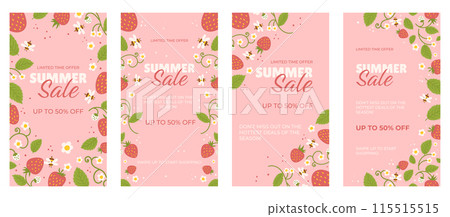 Set of vibrant summer sale banners, social media story, pink background with strawberries, white flowers, green leaves, and bees. Banner promotes limited time offer, highlighting seasonal deals. Set of vibrant summer sale banners, social media story, pink background with strawberries, white flowers, green leaves, and bees. Banner promotes limited time offer, highlighting seasonal deals. 115515515