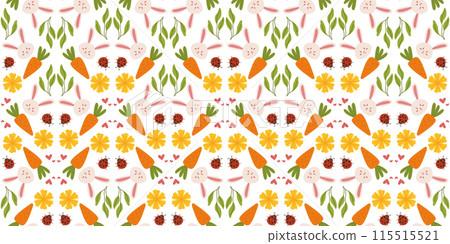 Spring pattern with flowers, ladybug, and bunnies in a cute, hand drawn vector style. Perfect for children items, textiles, and gift wrapping. 115515521