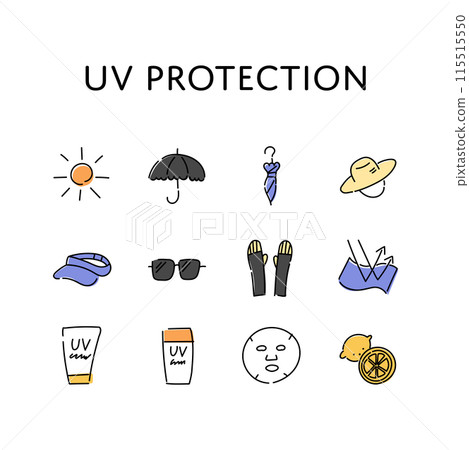 A loose, hand-drawn illustration set of UV protection items 115515550
