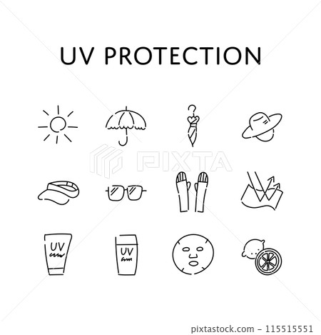 A loose, hand-drawn illustration set of UV protection items A loose, hand-drawn illustration set of UV protection items 115515551