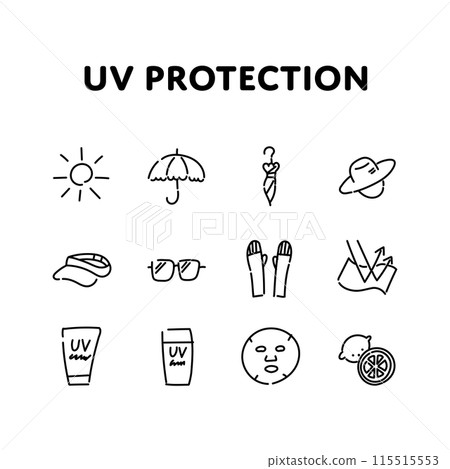 A loose, hand-drawn illustration set of UV protection items 115515553