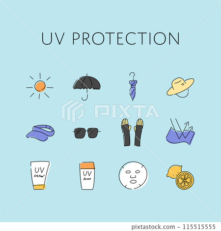 A loose, hand-drawn illustration set of UV protection items 115515555