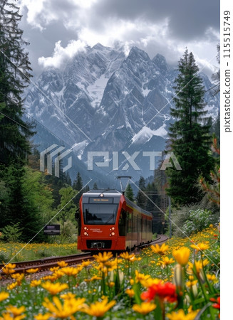Crimson train journeys along an alpine railway near a snow capped mountain range 115515749