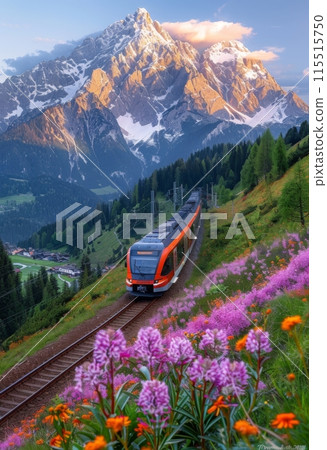 Scarlet train travels through a valley with blossoms and mountains in the distance Scarlet train travels through a valley with blossoms and mountains in the distance 115515750