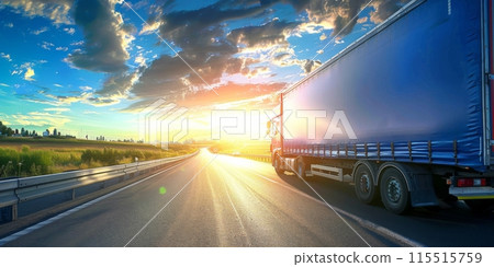 Blue delivery truck is driving on the highway towards the sunset 115515759