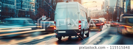 White delivery van driving in traffic on a busy city road during rush hour 115515848