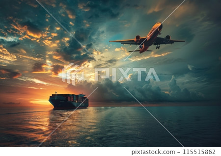 Airplane flying over container ship sailing on the ocean at sunset, global logistics concept 115515862