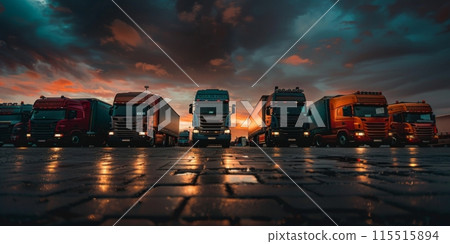 Line of semi trailer trucks is parked at sunset, creating a striking and impactful scene 115515894