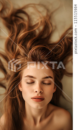 Serene Woman Lying Down With Eyes Closed and Hair Spread Out Serene Woman Lying Down With Eyes Closed and Hair Spread Out 115515984