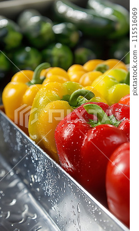 Fresh Colorful Bell Peppers at a Farmers Market 115516069