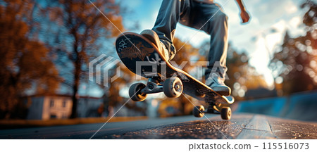 Skateboarder Performing Trick at Golden Hour in Urban Skatepark 115516073