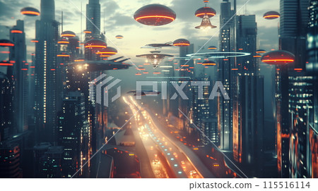 Futuristic City at Dusk With Flying Vehicles 115516114