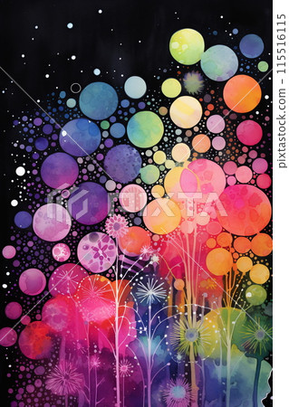 Abstract Watercolor Bubbles and Dandelion Seeds on a Black Background 115516115