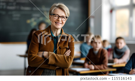 Confident Teacher Standing in Front of Classroom Confident Teacher Standing in Front of Classroom 115516143